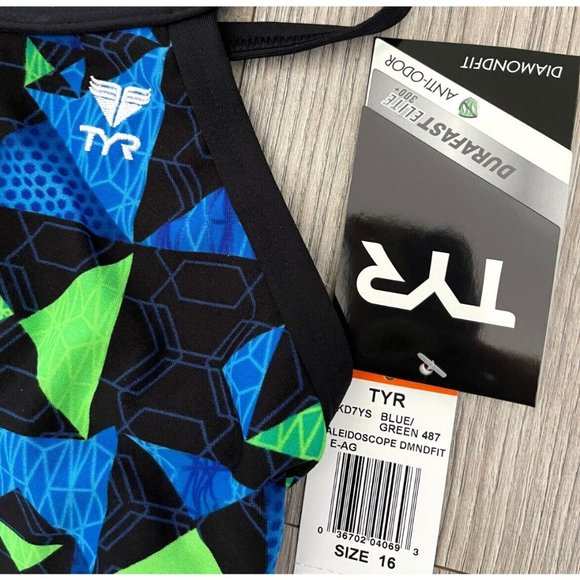 TYR DuraFast Elite Kaleidoscope DiamondFit One Piece Swimsuit Blue Green Size 16 - Picture 2 of 7